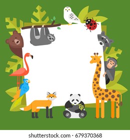 Vector flat style illustration of zoo animals. Template for banner or poster with animals.