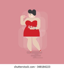 Vector flat style illustrations of a girl in red dress enjoying eating a pink donuts and muffin in her hand draw with simple geometrical shapes