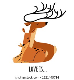 Vector flat style illustrationwoth love and family of three deers