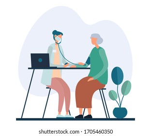 Vector Flat Style Image Of Female Doctor Taking Care Of Elderly Female Patient Measuring Blood Pressure At Table In Hospital Office