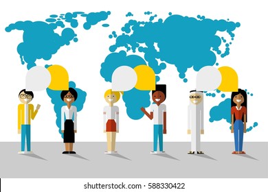 Vector flat style international students group with speech bubbles and blue world map