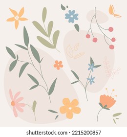 Conjunto floral aislado de estilo vectorial. Chamomile, daffodil, flores y hojas sobre fondo abstracto. Para tarjetas, carteles, volantes, libros y revistas, etc.