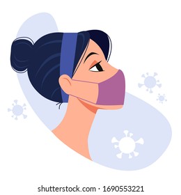 Vector flat style isolated illustration young brunet woman in medical face mask with coronavirus (COVID-19). Concept of quarantine