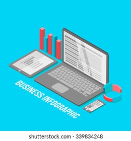 Vector flat style isometric business infographic . 3d icons set .White tablet , laptop, smartphone . Technology conceptual illustration , graphs and charts .
