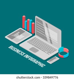 Vector flat style isometric business infographic . 3d icons set .White tablet , laptop, smartphone . Technology conceptual illustration , graphs and charts .