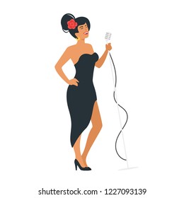 Vector flat style jazz young singer with vintage microphone. Singing beautiful woman character in black dress. Minimalism design with people silhouettes.