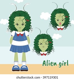 Vector flat style. Kawaii alien little girl with sweet dress, curly hair. Set with different faces (cute, sly, angry emotions). Cartoon element for festive, childish design. Dolls maker