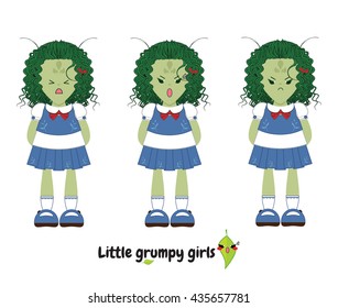 Vector flat style. Kawaii alien little girl with sweet dress, curly hair. Set with grumpy faces (angry, nasty, harmful, moody, grim emotions). Cartoon element for design. Isolated on white background