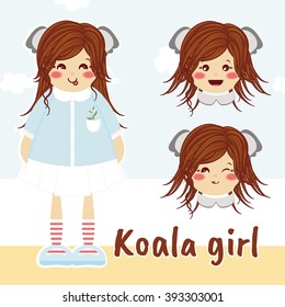 Vector flat style. Kawaii forest little girl with koala bear ears, sweet dress, brown hair. Set with different faces (cute, sly, funny emotions). Cartoon element for festive, childish design