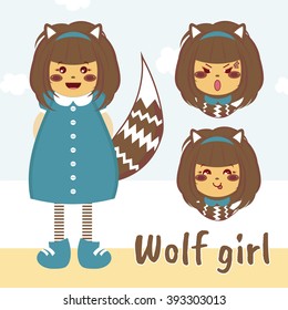 Vector flat style. Kawaii forest little girl with wolf ears and tail, sweet dress, brown hair. Set with different faces (cute, sly, angry emotions). Cartoon element for festive, childish design