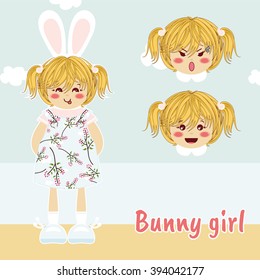 Vector flat style. Kawaii forest little girl with bunny ears, sweet dress, blonde hair. Set with different faces (cute, sly, angry emotions). Cartoon element for festive, childish design. Dolls maker
