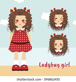 Vector flat style. Kawaii forest little girl with sweet dress, curly hair. Set with different faces (cute, sly, angry emotions). Cartoon element for festive, childish design. Dolls maker