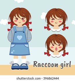 Vector flat style. Kawaii  little girl sweet dress, braids hair. Set with different faces (cute, sly, angry emotions). Cartoon element for festive, childish design. Doll