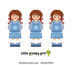 Vector flat style. Kawaii  little girl with sweet dress, braids hair. Set with grumpy faces (angry, nasty, harmful, moody, grim, emotions). Cartoon element for design. Isolated on white background