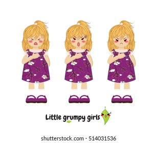 Vector flat style. Kawaii little girl with sweet dress, blonde hair. Set with grumpy faces (angry, nasty, harmful, moody, grim, cry emotions). Cartoon element for design. Isolated on white background