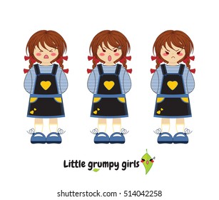Vector flat style. Kawaii  little girl with sweet dress, braids hair. Set with grumpy faces (angry, nasty, harmful, moody, grim, emotions). Cartoon element for design. Isolated on white background