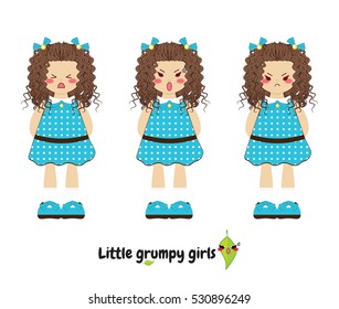 Vector flat style. Kawaii little girl with sweet dress, curly hair. Set with grumpy faces (angry, nasty, harmful, moody, grim, cry emotions). Cartoon element for design. Isolated on white background 