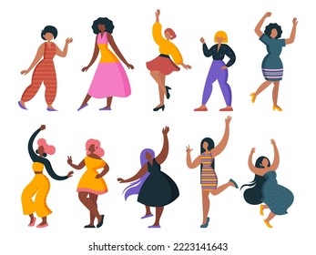 Vector, de estilo plano. Kit, set. Bailan las chicas, fiesta, fiesta, baile, música. Feminismo.