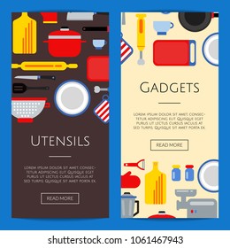 Vector flat style kitchen utensils vertical web banners or poster illustration