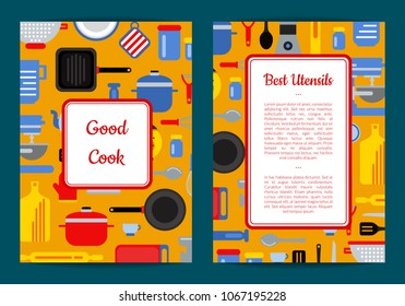 Vector flat style kitchen utensils card, flyer or brochure template for cooking classes or home and kitchen accessories shop illustration