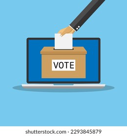 Vector flat style of laptop online vote , political and president decision concept, candidate party government campaign, blue background, editable shape and object.