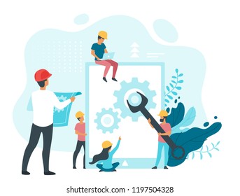 Vector flat style leader businessman in red hard hat holding blueprints and manages construction of an app by workers on huge tablet. Leadership concept. Minimalism design with people silhouettes.