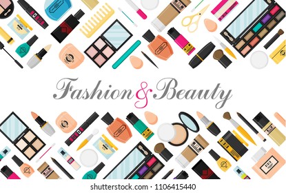 Vector flat style makeup and skincare background with place for text illustration