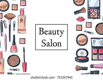 Vector flat style makeup and skincare background with place for text illustration
