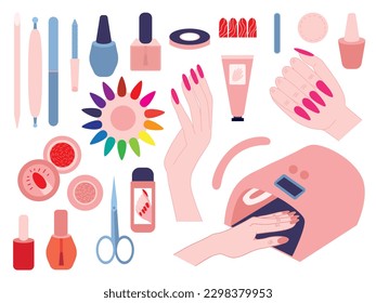 Vector flat style manicure tools set. Different kinds of manicure equipment flat vector set. Nail salon tools illustration