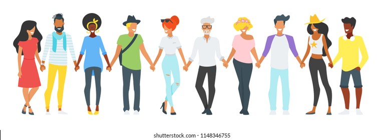 Vector flat style minimalism illustration of different people silhouettes standing in a row, holding hands of each other and smiling. Concept for multicultural and multiracial friendship.