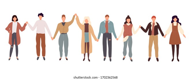 Imagen de minimalismo tipo vectorial plana de diferentes personas paradas seguidas, tomándose de las manos y sonriendo. Concepto de amistad multicultural y multirracial.