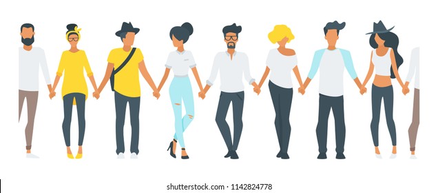 Vector flat style minimalism seamless illustration of different people silhouettes standing in a row and holding hands of each other. Concept for multicultural and multiracial friendship.