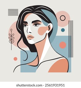 Vector flat style, modern abstract portrait of a beautiful woman. Soft pastel shades of the palette. Thin lines accent on femininity. Suitable for postcards, paintings, posters, interior design, web