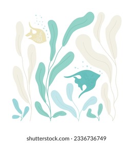 Vector flat style modern poster. Underwater world sea fishes and seaweed. For prints, textile, papers, magazines, cards etc.