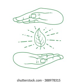 Vector flat style on background. Illustration of eco design. Hand with green leaf over white background. Presentation business. Presentation icon. Presentation background. Banner design. Finger hand. 