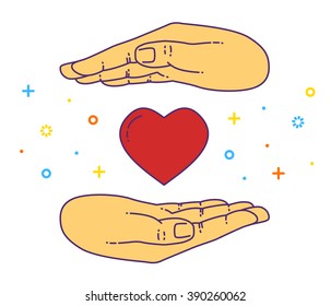 Vector flat style on background. Illustration of love. Hands over heart. Healthcare icon isolated. Health insurance and safety. Vector heart icon. Presentation icon. Banner design. Finger hand. Hand 