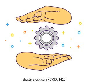 Vector flat style on background. Illustration of  technology for presentation. Two hands offering gear. Support service. 