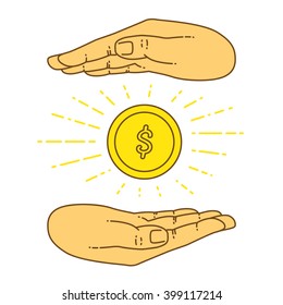 Vector flat style on background. Illustration of bank technology and services for presentation. Dollar gold coin in hand. Investment and exchange. Keeping the money in bank deposit account. Save cash.