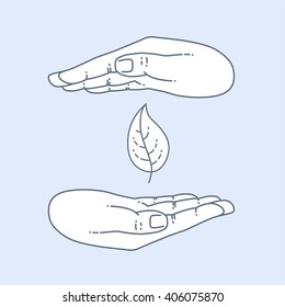 Vector flat style on background. Illustration of eco design. Hand with green leaf over white background