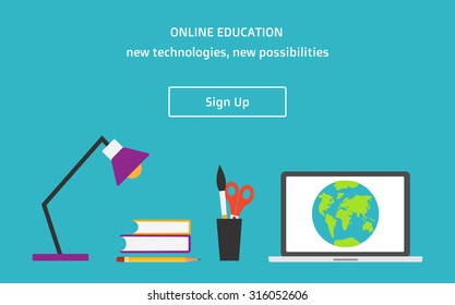 Vector flat style online education web banner with sign up button 