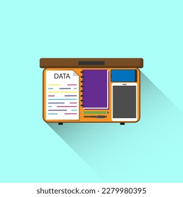 Vector flat style of open brown briefcase contain document, book, tablet, smartphone inside, business portfolio and success journey concept, editable shape, copy space for text and design