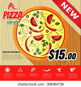 Vector flat style pizza. infographic with fastfood. Template illustration for magazines, cookbooks, restaurant menus, signs, brochures.