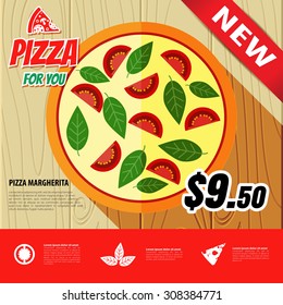 Vector flat style pizza. infographic with fastfood. Template illustration for magazines, cookbooks, restaurant menus, signs, brochures.