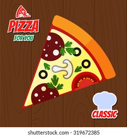 Vector flat style pizza. infographic with fastfood. Illustration for magazines, cookbooks, restaurant menus, signs, brochures.