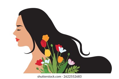 Vector flat style portrait of a beautiful woman with black hair and colorful flowers isolated on white background