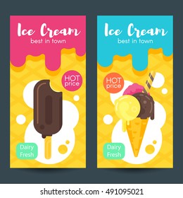 Vector flat style posters with ice cream. Template for flyers, banners, invitations, brochure.