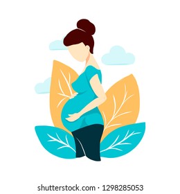 Mujer embarazada de tipo vectorial aislada de fondo blanco. Composición con hojas y nubes. Mujeres esperando a un hijo para una guardería, centro de parto, casa de maternidad, doula, salud de mamá