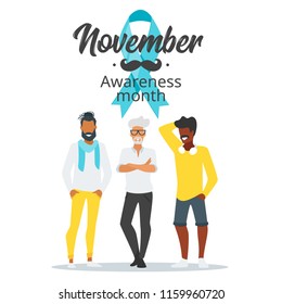 Vector flat style prostate cancer awareness month design poster, banner or card. Concept for annual event with mustaches and beard. Blue ribbon. Silhouettes man characters. 
