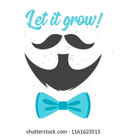 Vector flat style prostate cancer awareness month design poster, banner or card. Concept for annual event with mustaches and beard.  Blue bow tie.