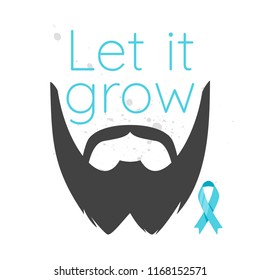 Vector flat style prostate cancer awareness month design poster, banner or card. Concept for annual event with mustaches and beard. Blue ribbon. 